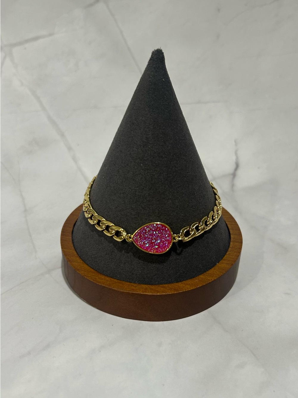 14k Gold plated Chain Bracelet with Pink Druzy Accent